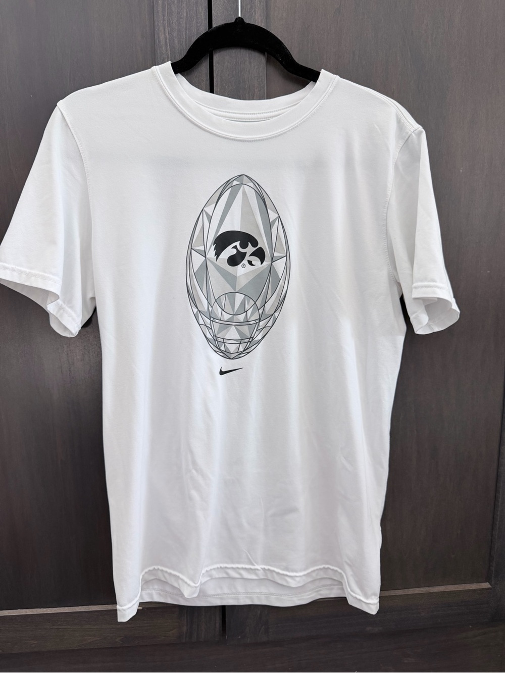 NWOT Nike White Short Sleeve Tee with Gray Geometric Football and Hawkeyes Logo